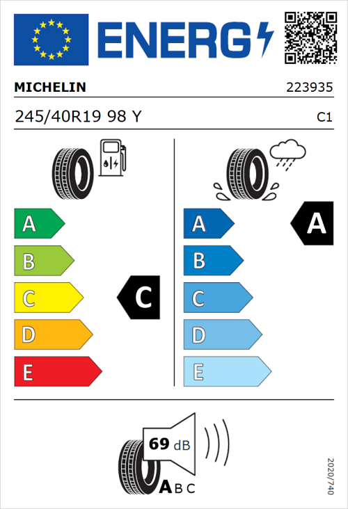 Tyre Label for Michelin Primacy 3 (Acoustic) 245/40R19 98Y