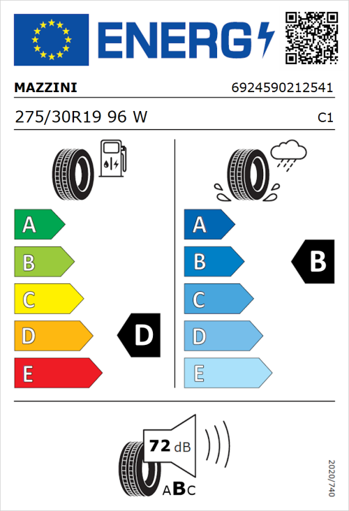Tyre Label for Mazzini Eco 607 275/30R19 96W