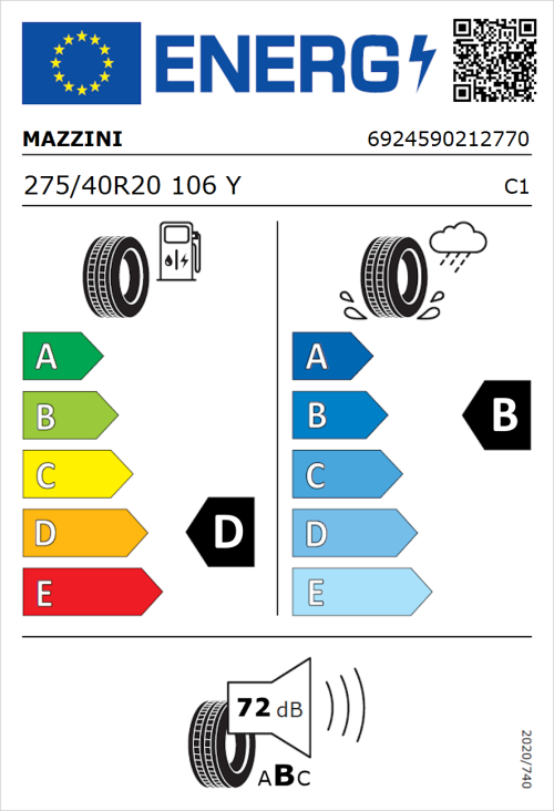 Tyre Label for Mazzini Eco 607 275/40R20 106Y